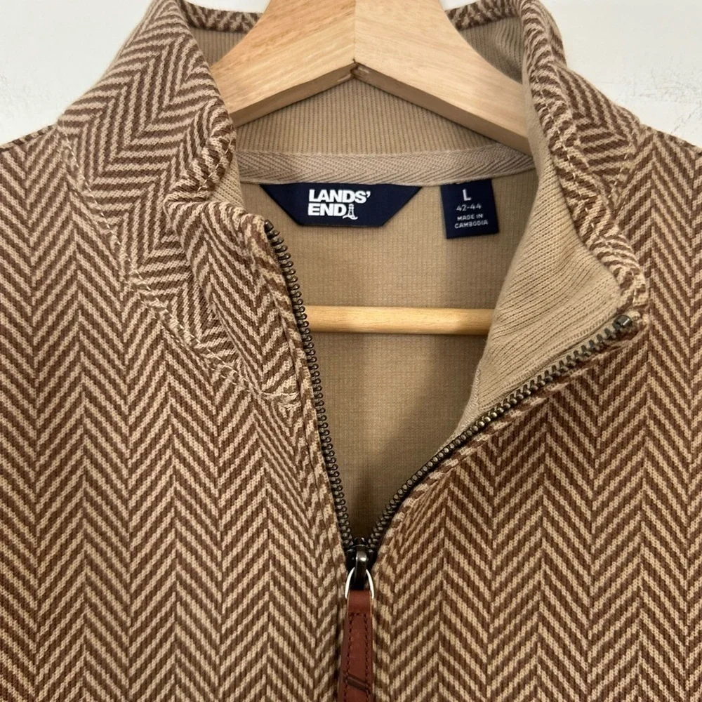 Lands End Bedford 1/4 Zip Brown Herringbone Sweater Mens Sz Large Career